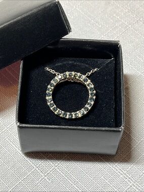 New AVON Silver Circle Pendant Necklace with dark Blue Stones
Box included